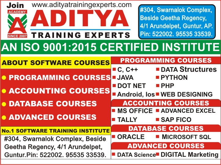 Software Courses Training in Guntur - Ms Office, Tally, C, JAVA, PYTHON, DOT NET, PHP, WEB DESIGNING, ORACLE, Dtp, Spoken English @ Aditya Training Experts